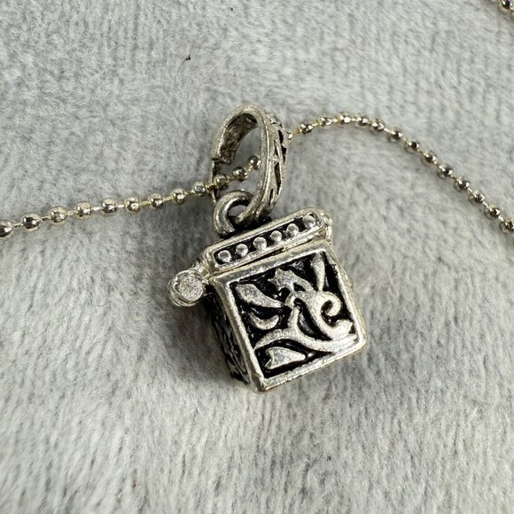 Silver-Tone Prayer Box Locket Necklace Ornate Etching & Purple Gemstone Accents - Picture 4 of 16